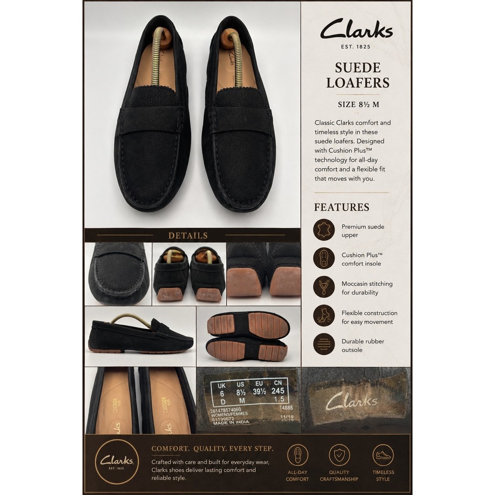 Clarks Cushion Plus Black Leather Penny Loafers Womens 8.5 M 261478574060